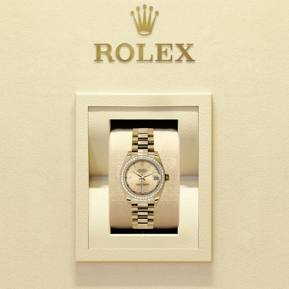 Rolex Datejust 31mm - Ref: 178288 chcap 2 - Champagne Dial & Diamond Bezel, 18K Yellow Gold President Bracelet Women's Watch