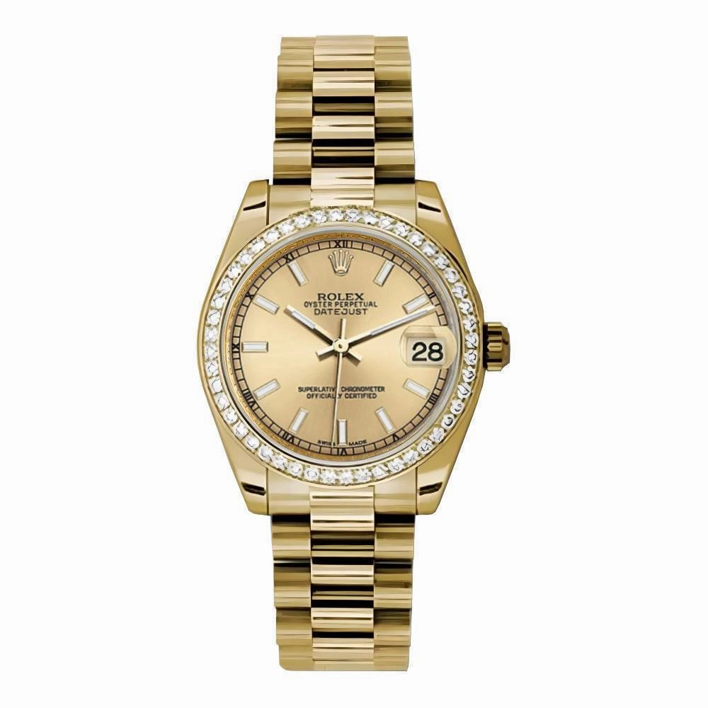 Rolex Datejust 31mm - Ref: 178288 chcap 2 - Champagne Dial & Diamond Bezel, 18K Yellow Gold President Bracelet Women's Watch
