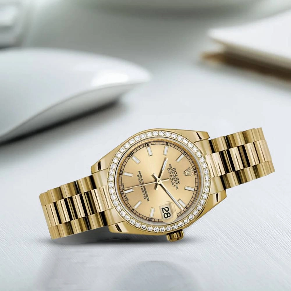 Rolex Datejust 31mm - Ref: 178288 chcap 2 - Champagne Dial & Diamond Bezel, 18K Yellow Gold President Bracelet Women's Watch