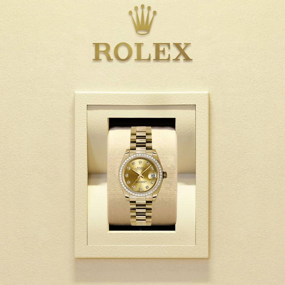 Rolex Datejust 31mm - Ref: 178288 chdp - Champagne Dial & Diamond Bezel, 18K Yellow Gold President Bracelet Women's Watch