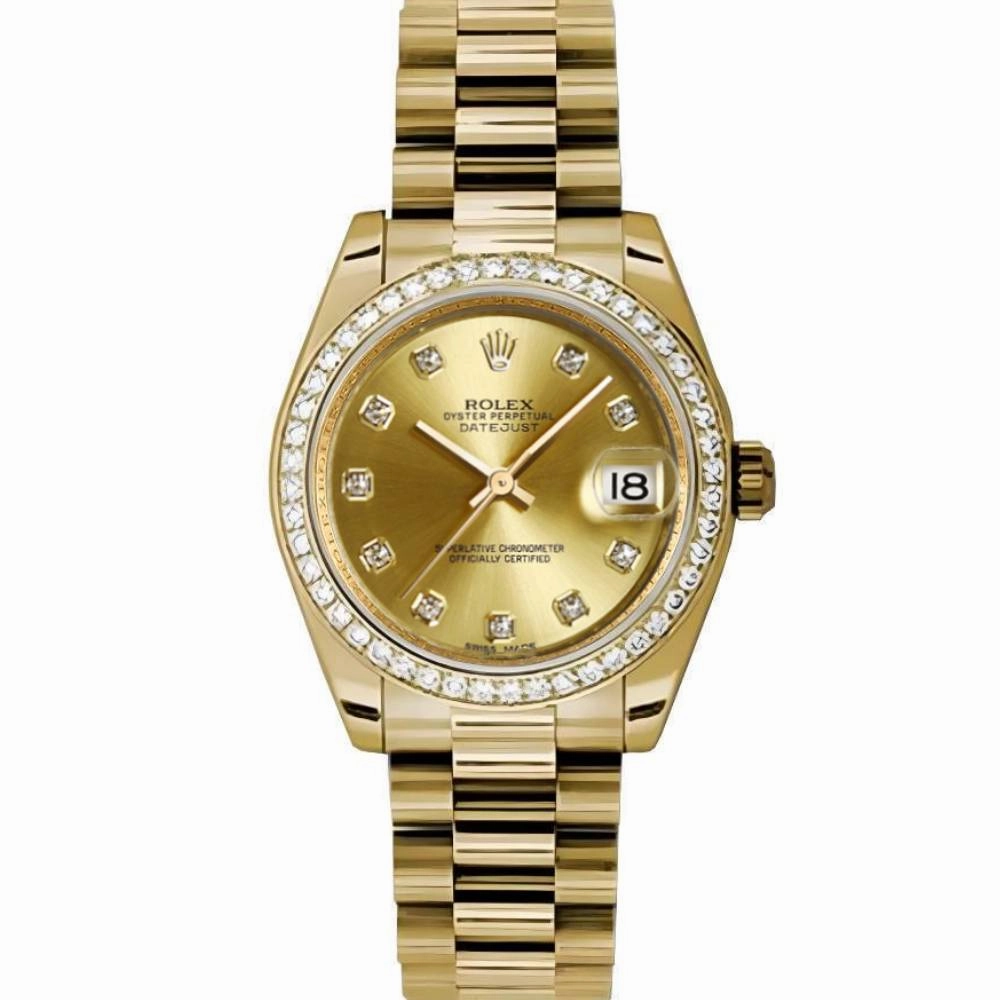 Rolex Datejust 31mm - Ref: 178288 chdp - Champagne Dial & Diamond Bezel, 18K Yellow Gold President Bracelet Women's Watch