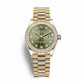 Rolex Datejust 31mm - Ref: 278288rbr-0007 - Olive Green Diamond Dial & Diamond Bezel, 18K Yellow Gold President Bracelet Women's Watch