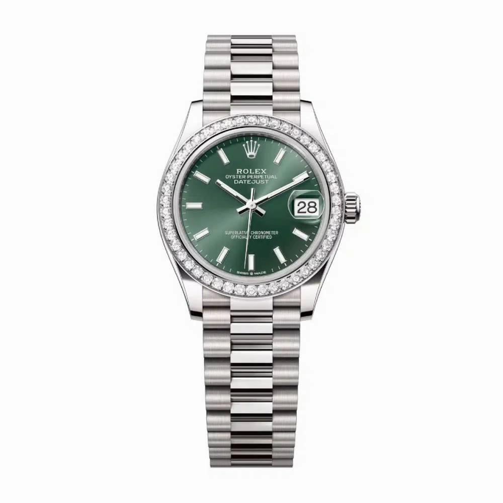 Rolex Datejust 31mm - Ref: 278289rbr-0015 - Mint Green Stick Dial & Diamond Bezel, 18K White Gold President Bracelet Women's Watch