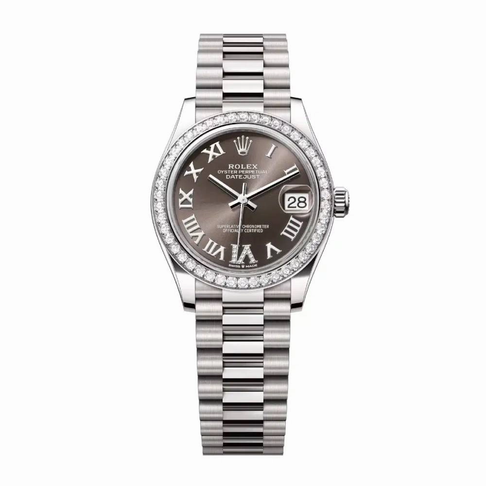 Rolex Datejust 31mm - Ref: 278289rbr-0020 - Dark Grey Roman Diamond Dial & Diamond Bezel, 18K White Gold President Bracelet Women's Watch