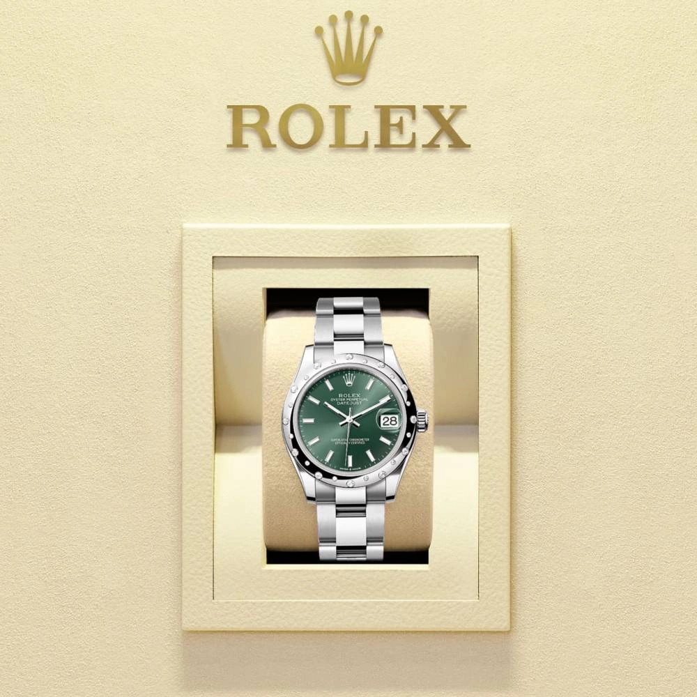 Rolex Datejust 31mm - Ref: 278344rbr-0019 - Mint Green Stick Dial & Diamond Bezel, Stainless Steel Oyster Bracelet Women's Watch