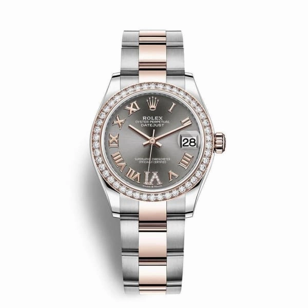 Rolex Datejust 31mm - Ref: 278381rbr-0029 - Slate Dark Grey Roman Diamond Dial & Diamond Bezel, Two Tone Stainless Steel & 18K Rose Gold Oyster Bracelet Women's Watch