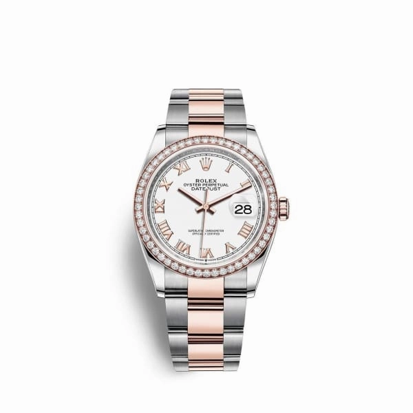 Rolex Datejust 36mm - Ref: 126281rbr-0004 - White Roman Dial & Diamond Bezel, Two Tone Stainless Steel & 18K Rose Gold Oyster Bracelet Watch