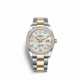 Rolex Datejust 36mm - Ref: 126283rbr-0010 - White Mother of Pearl Diamond Dial & Diamond Bezel, Two Tone Stainless Steel & 18K Yellow Gold Oyster Bracelet Watch