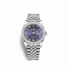 Rolex Datejust 36mm - Ref: 126284rbr-0013 - Aubergine Purple Roman Diamond Dial & Diamond Bezel, Stainless Steel Jubilee Bracelet Watch