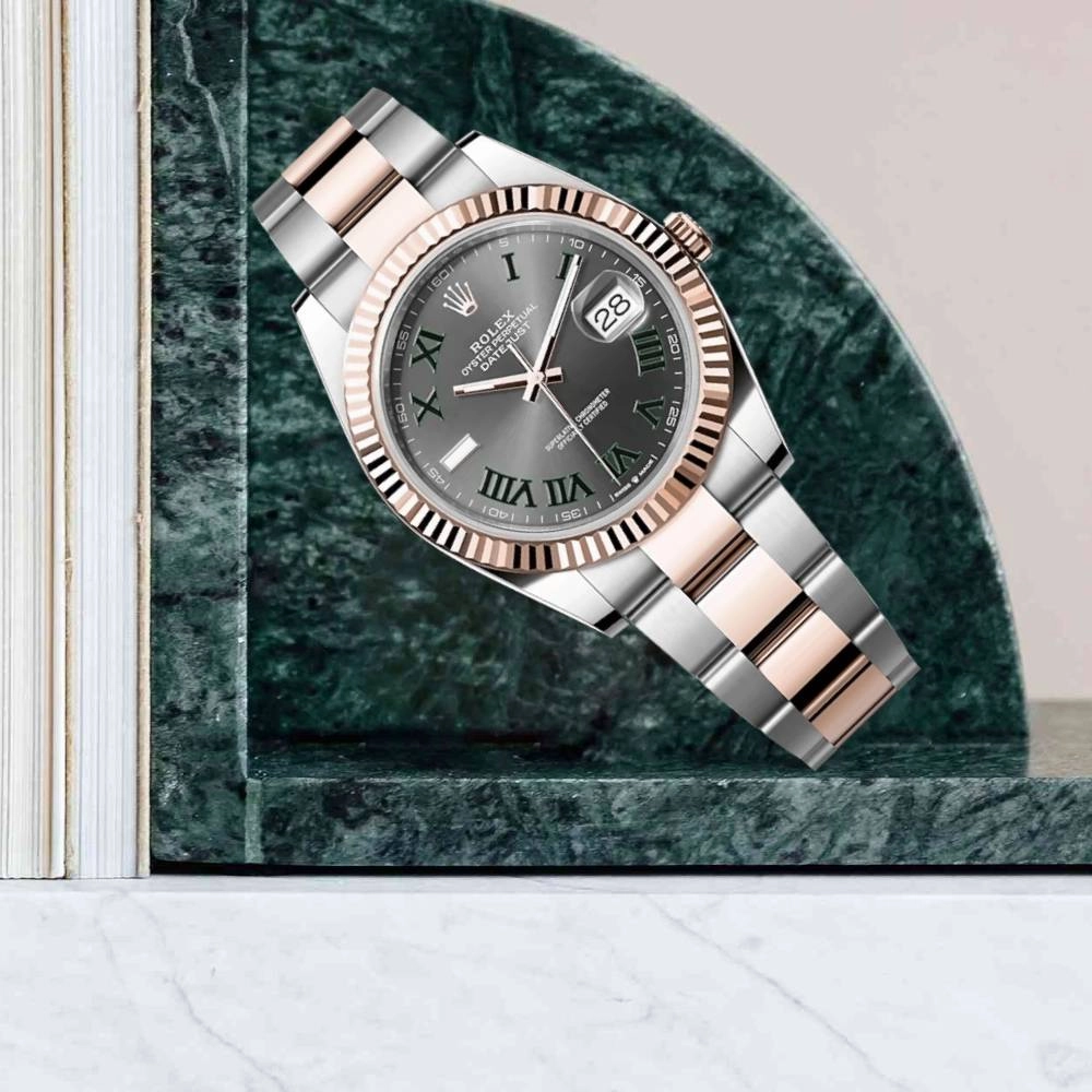 Rolex Datejust 41mm - Ref: 126331-0015 - Slate Grey Wimbledon Roman Dial & Fluted Bezel, Two Tone Stainless Steel & 18K Rose Gold Oyster Bracelet Men's Watch
