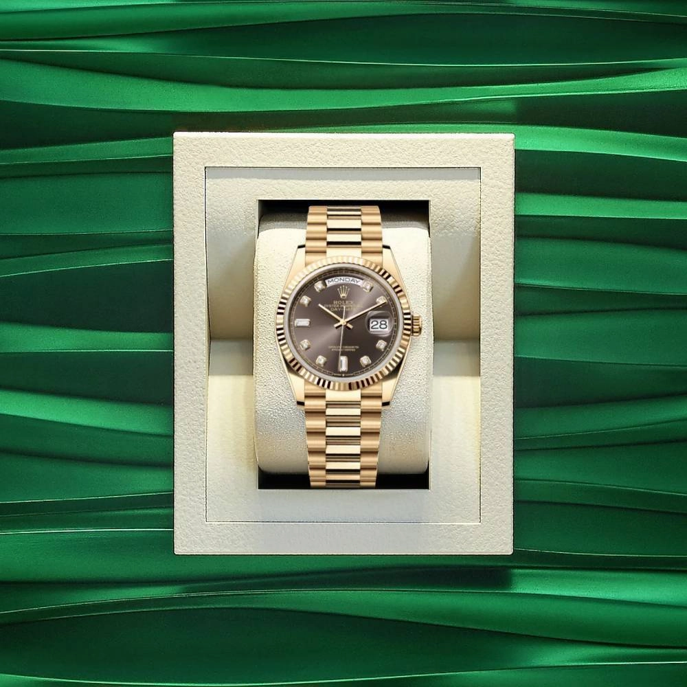 Rolex Day Date 36mm - Ref: 128238-0022 - Dark Grey Diamond Dial & Fluted Bezel, 18K Yellow Gold President Bracelet Watch