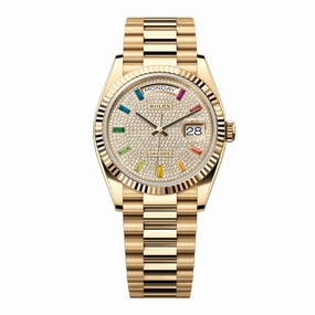 Rolex Day Date 36mm - Ref: 128238-0051 - Pave Rainbow Diamond Dial & Fluted Bezel, 18K Yellow Gold President Bracelet Watch
