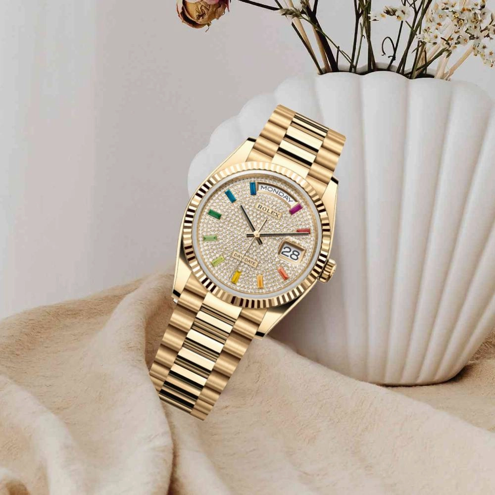 Rolex Day Date 36mm - Ref: 128238-0051 - Pave Rainbow Diamond Dial & Fluted Bezel, 18K Yellow Gold President Bracelet Watch