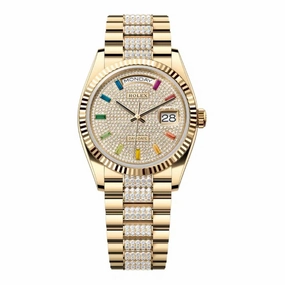Rolex Day Date 36mm - Ref: 128238-0052 - Pave Rainbow Diamond Dial & Fluted Bezel, 18K Yellow Gold & Diamonds President Bracelet Watch