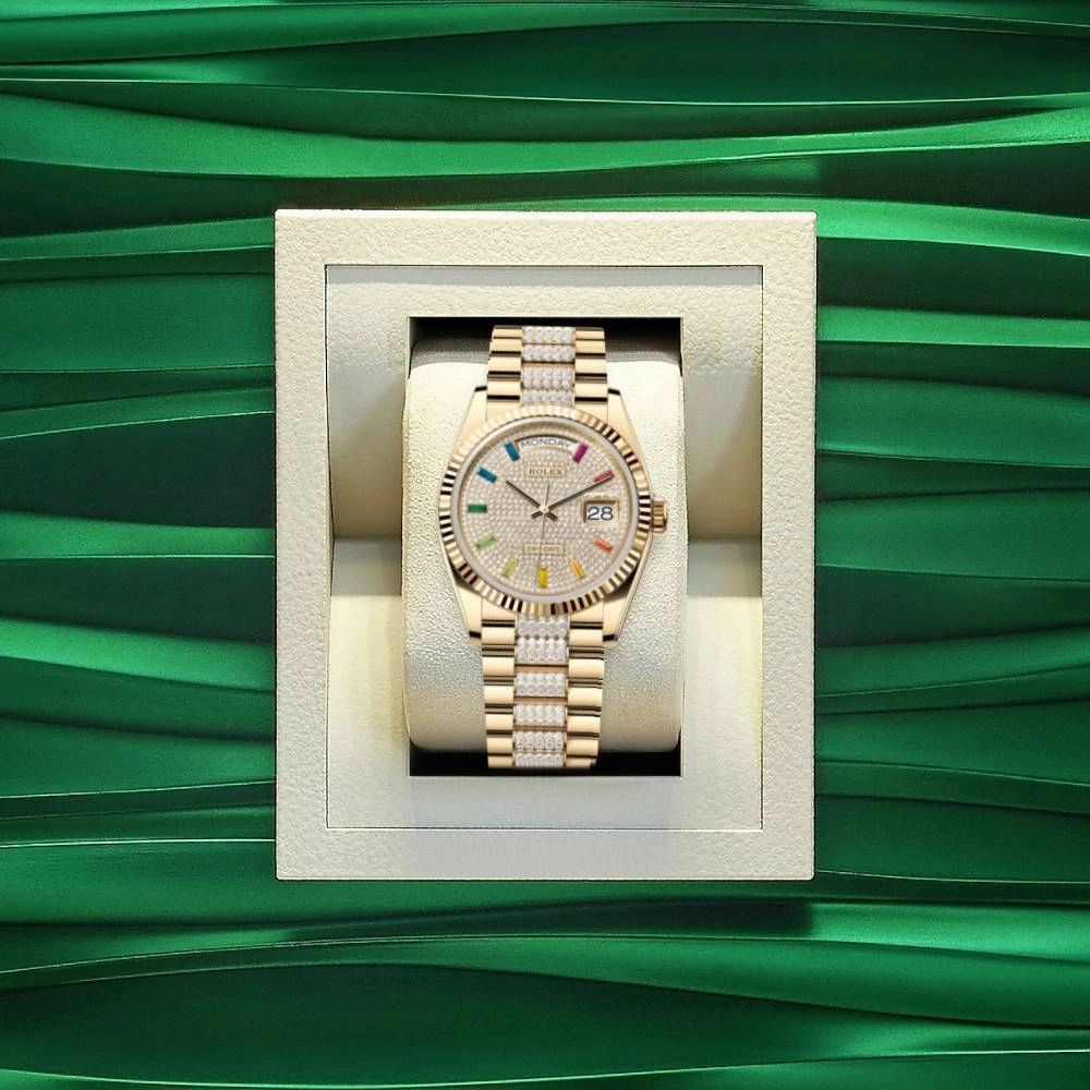 Rolex Day Date 36mm - Ref: 128238-0052 - Pave Rainbow Diamond Dial & Fluted Bezel, 18K Yellow Gold & Diamonds President Bracelet Watch