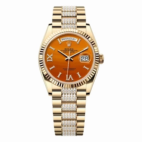 Rolex Day Date 36mm - Ref: 128238-0089 - Carnelian Orange Roman Diamond Dial & Fluted Bezel, 18K Yellow Gold & Diamonds President Bracelet Watch