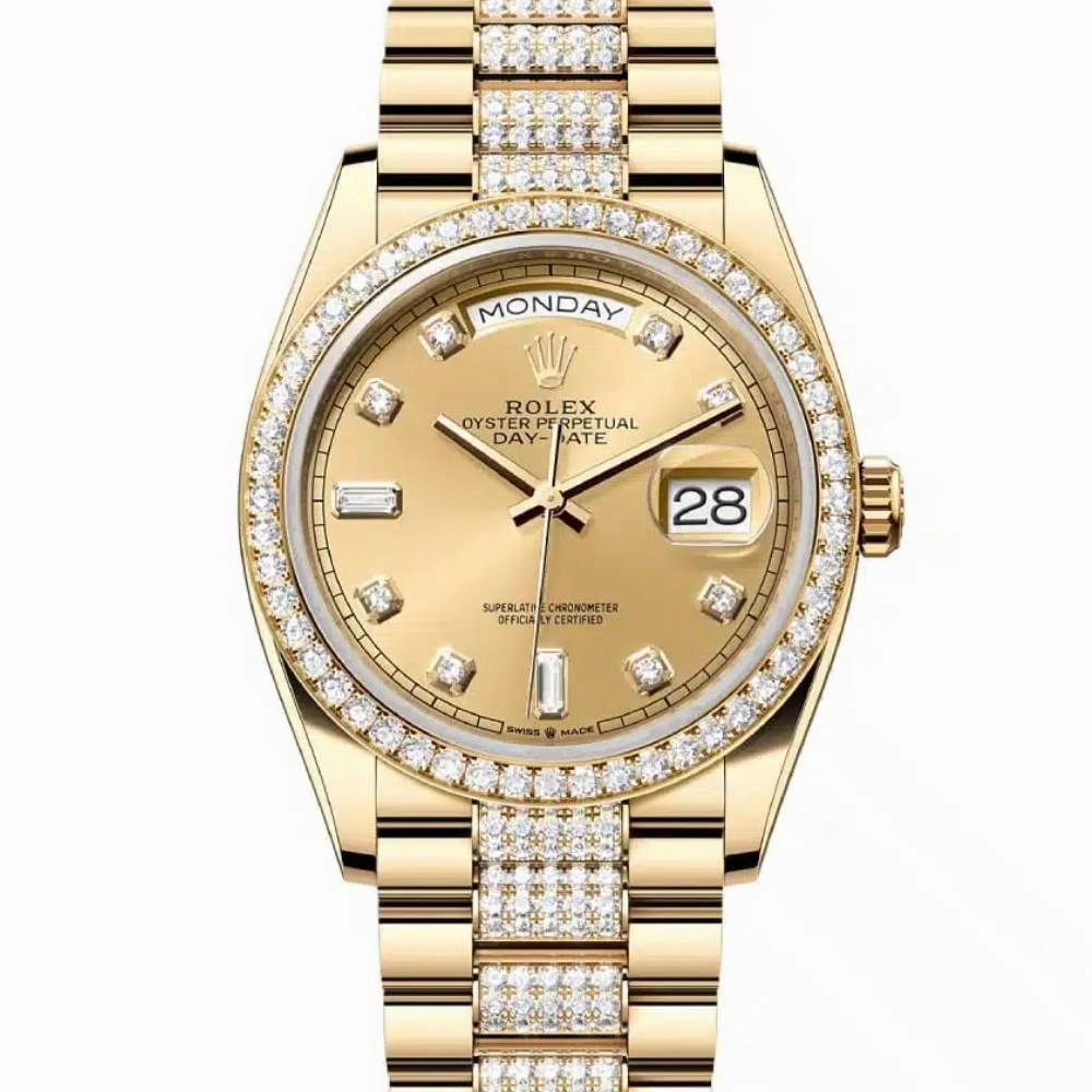 Rolex Day Date 36mm - Ref: 128348rbr-0010 - Champagne Diamond Dial & Diamond Bezel, 18K Yellow Gold & Diamonds President Bracelet Watch