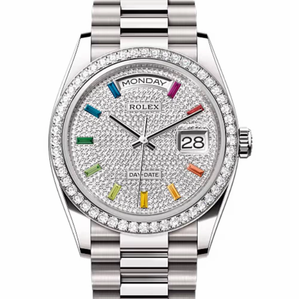 Rolex Day Date 36mm - Ref: 128349rbr-0006 - Pave Rainbow Diamond Dial & Diamond Bezel, 18K White Gold President Bracelet Watch