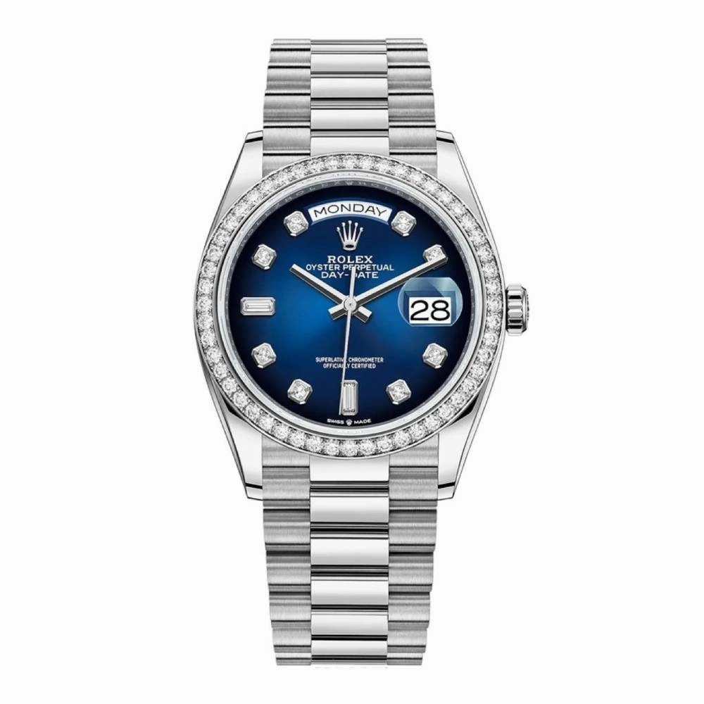 Rolex Day Date 36mm - Ref: 128349rbr-0010 - Blue Ombre Diamond Dial & Diamond Bezel, 18K White Gold President Bracelet Watch