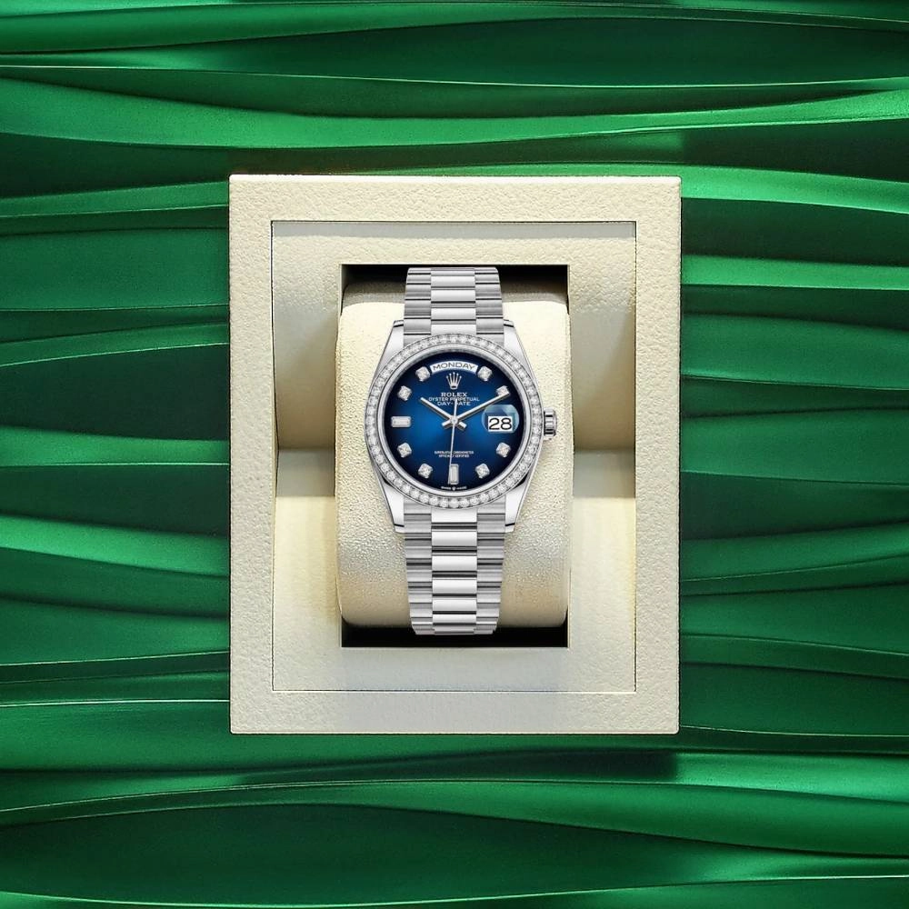 Rolex Day Date 36mm - Ref: 128349rbr-0010 - Blue Ombre Diamond Dial & Diamond Bezel, 18K White Gold President Bracelet Watch