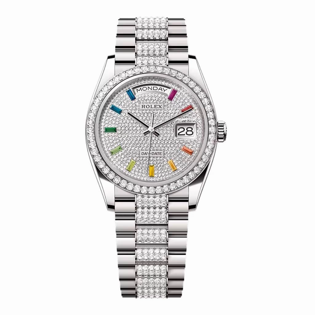 Rolex Day Date 36mm - Ref: 128349rbr-0012 - Pave Rainbow Diamond Dial & Diamond Bezel, 18K White Gold & Diamonds President Bracelet Watch