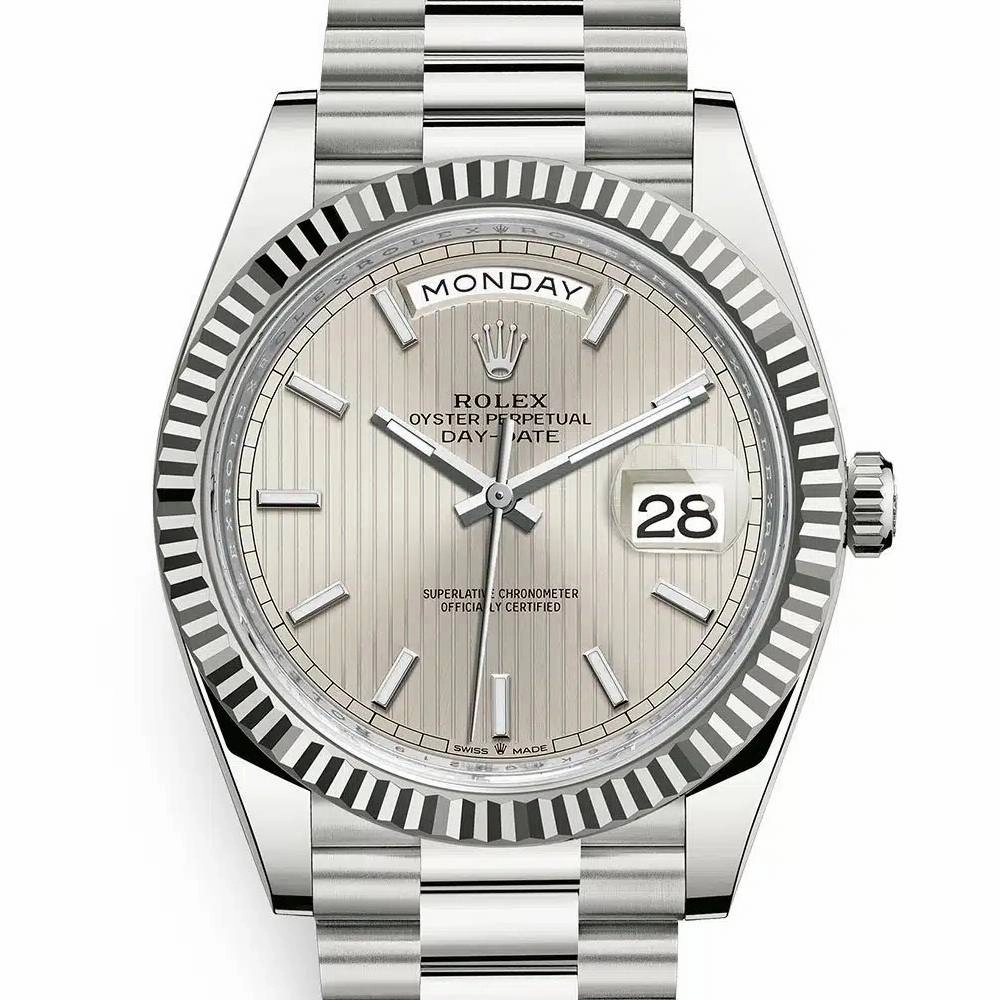 Rolex Day Date 40mm - Ref: 228239-0001 - Silver Stripe Motif Stick Dial & Fluted Bezel, 18K White Gold President Bracelet Men's Watch