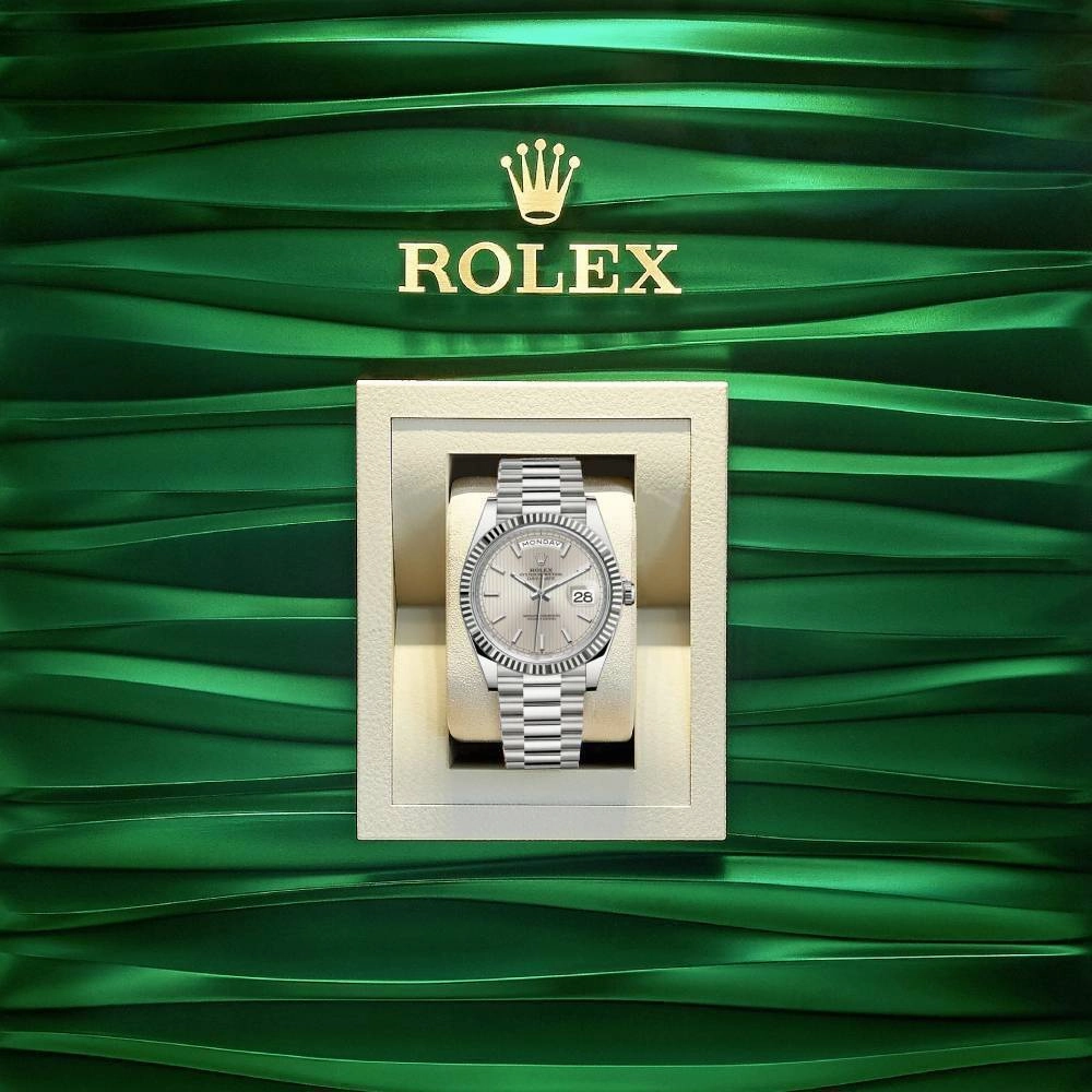 Rolex Day Date 40mm - Ref: 228239-0001 - Silver Stripe Motif Stick Dial & Fluted Bezel, 18K White Gold President Bracelet Men's Watch