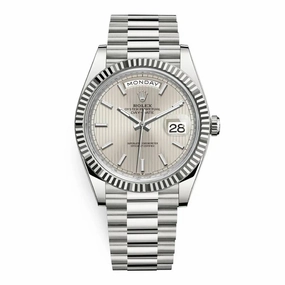 Rolex Day Date 40mm - Ref: 228239-0001 - Silver Stripe Motif Stick Dial & Fluted Bezel, 18K White Gold President Bracelet Men's Watch