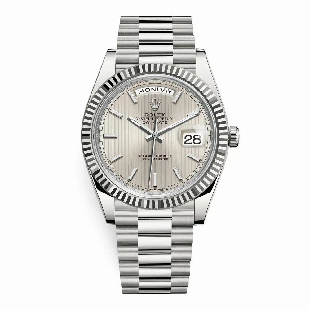Rolex Day Date 40mm - Ref: 228239-0001 - Silver Stripe Motif Stick Dial & Fluted Bezel, 18K White Gold President Bracelet Men's Watch