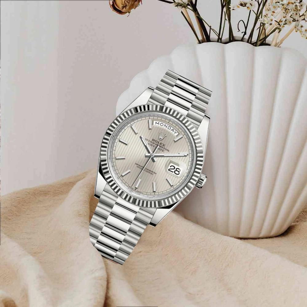 Rolex Day Date 40mm - Ref: 228239-0001 - Silver Stripe Motif Stick Dial & Fluted Bezel, 18K White Gold President Bracelet Men's Watch