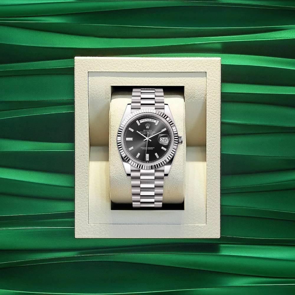 Rolex Day Date 40mm - Ref: 228239-0005 - Black Diamond Dial & Fluted Bezel, 18K White Gold President Bracelet Men's Watch