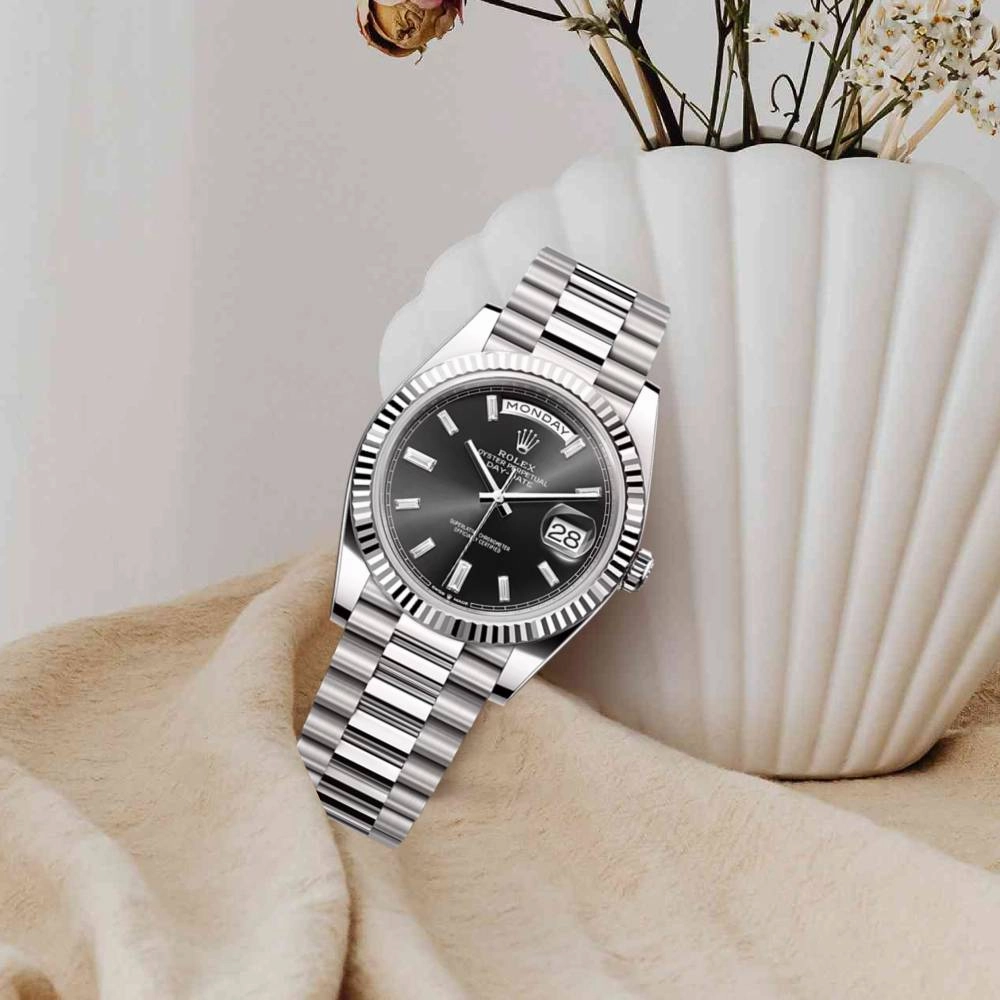 Rolex Day Date 40mm - Ref: 228239-0005 - Black Diamond Dial & Fluted Bezel, 18K White Gold President Bracelet Men's Watch