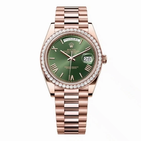 Rolex Day Date 40mm - Ref: 228345rbr-0011 - Olive Green Roman Dial & Diamond Bezel, 18K Rose Gold President Bracelet Men's Watch