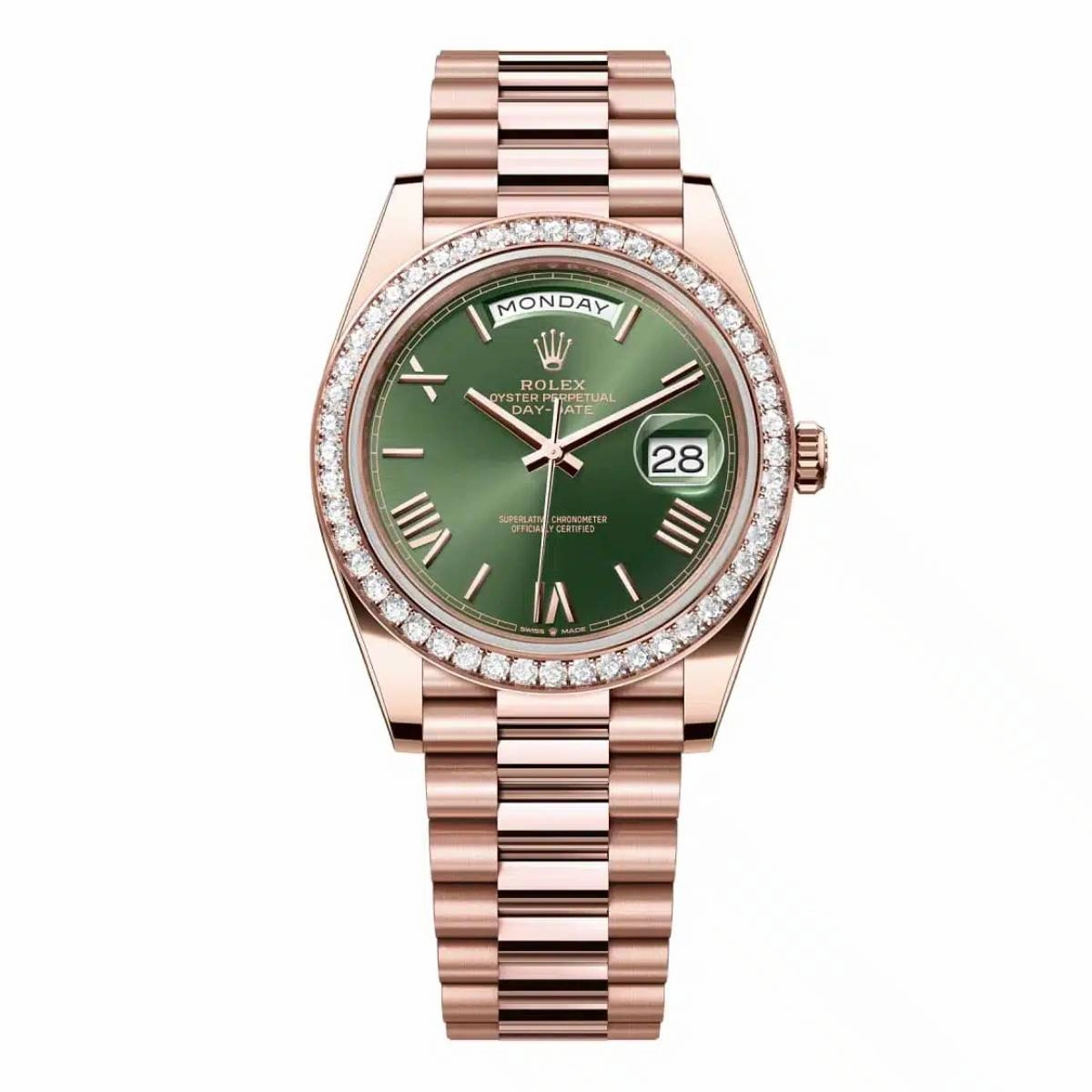 Rolex Day Date 40mm - Ref: 228345rbr-0011 - Olive Green Roman Dial & Diamond Bezel, 18K Rose Gold President Bracelet Men's Watch