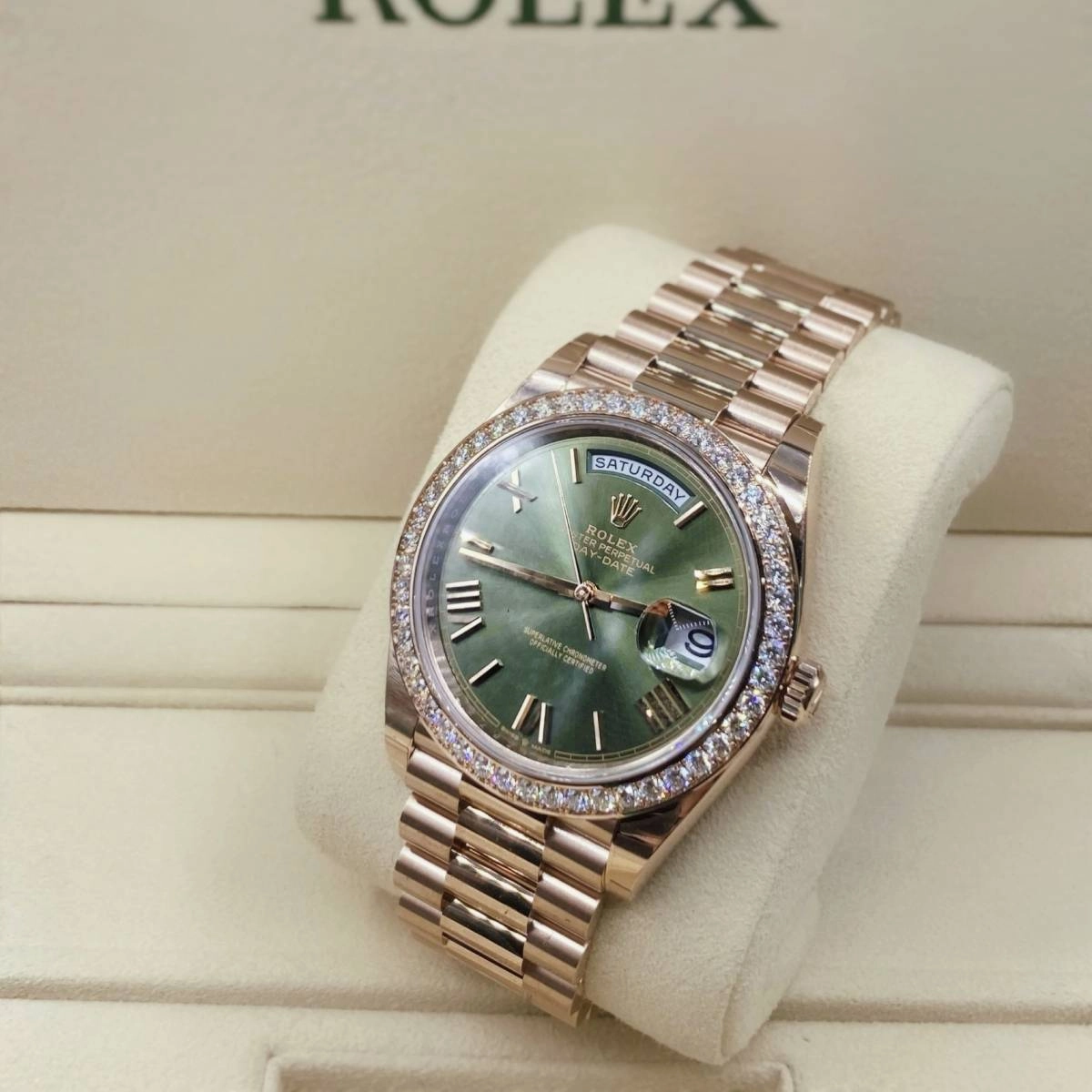 Rolex Day Date 40mm - Ref: 228345rbr-0011 - Olive Green Roman Dial & Diamond Bezel, 18K Rose Gold President Bracelet Men's Watch