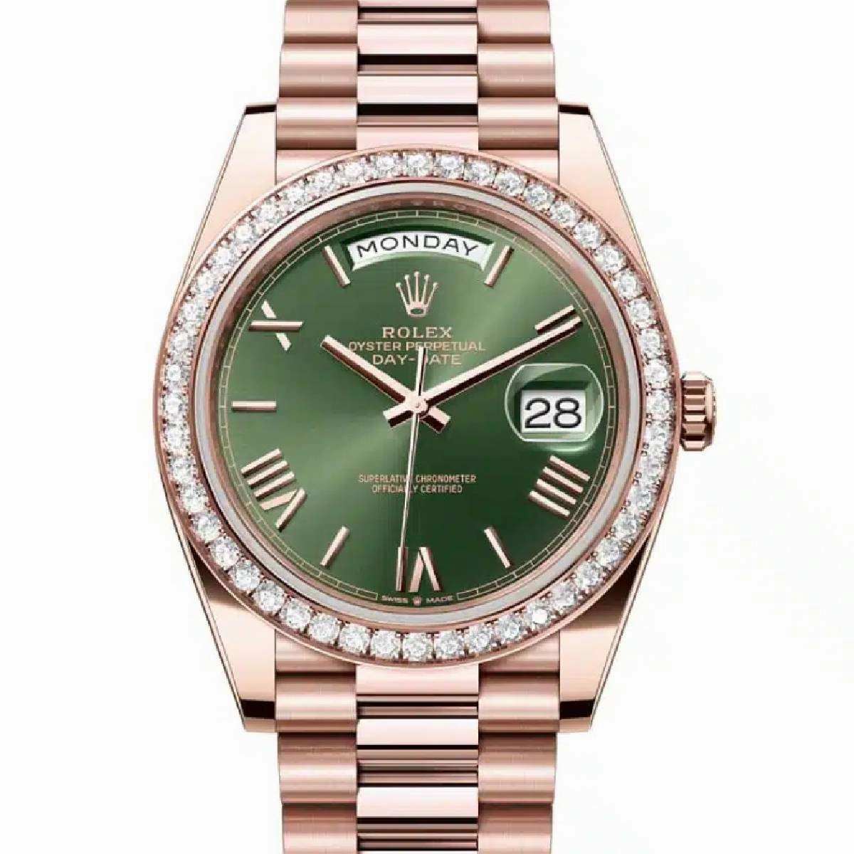 Rolex Day Date 40mm - Ref: 228345rbr-0011 - Olive Green Roman Dial & Diamond Bezel, 18K Rose Gold President Bracelet Men's Watch