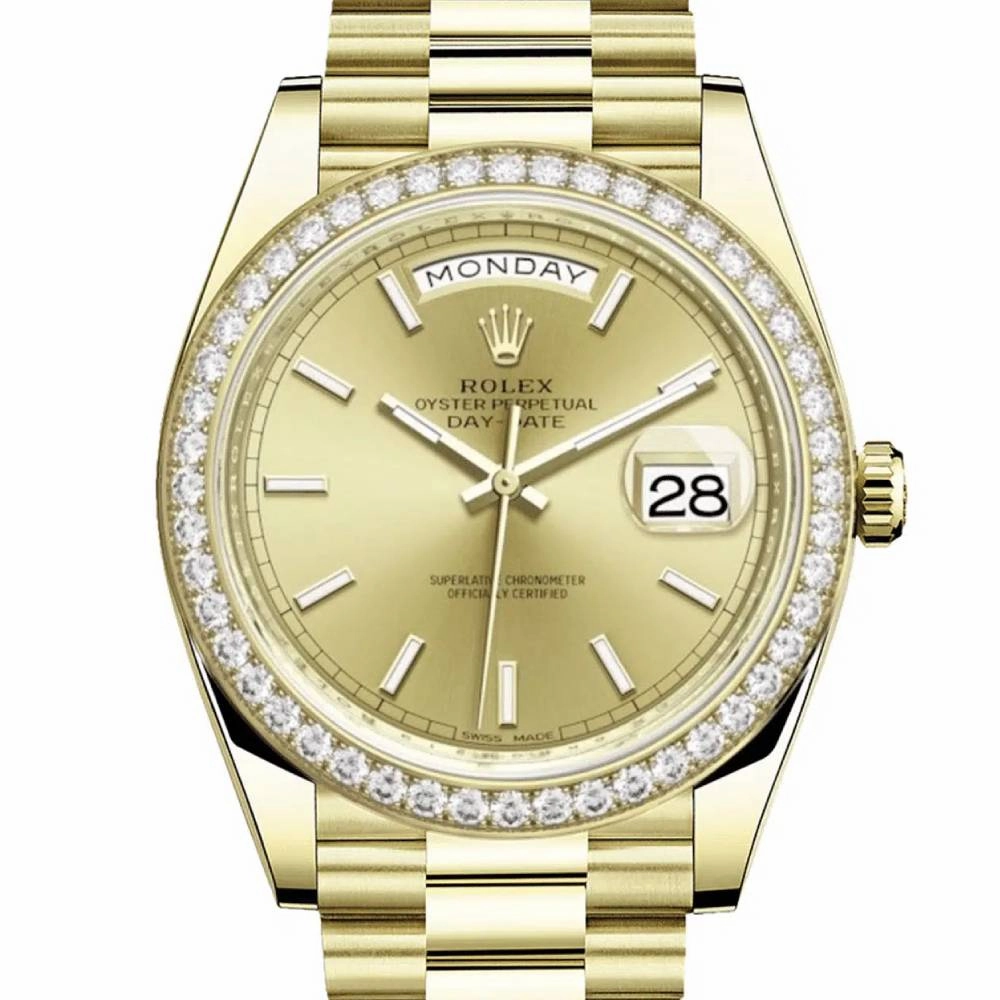 Rolex Day Date 40mm - Ref: 228348rbr-0008 - Champagne Stick Dial & Diamond Bezel, 18K Yellow Gold President Bracelet Men's Watch