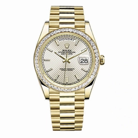 Rolex Day Date 40mm - Ref: 228398tbr-0005 - Silver Diagonal Motif Stick Dial & Diamond Bezel, 18K Yellow Gold President Bracelet Men's Watch