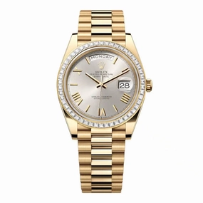 Rolex Day Date 40mm - Ref: 228398tbr-0006 - Silver Roman Dial & Diamond Bezel, 18K Yellow Gold President Bracelet Men's Watch