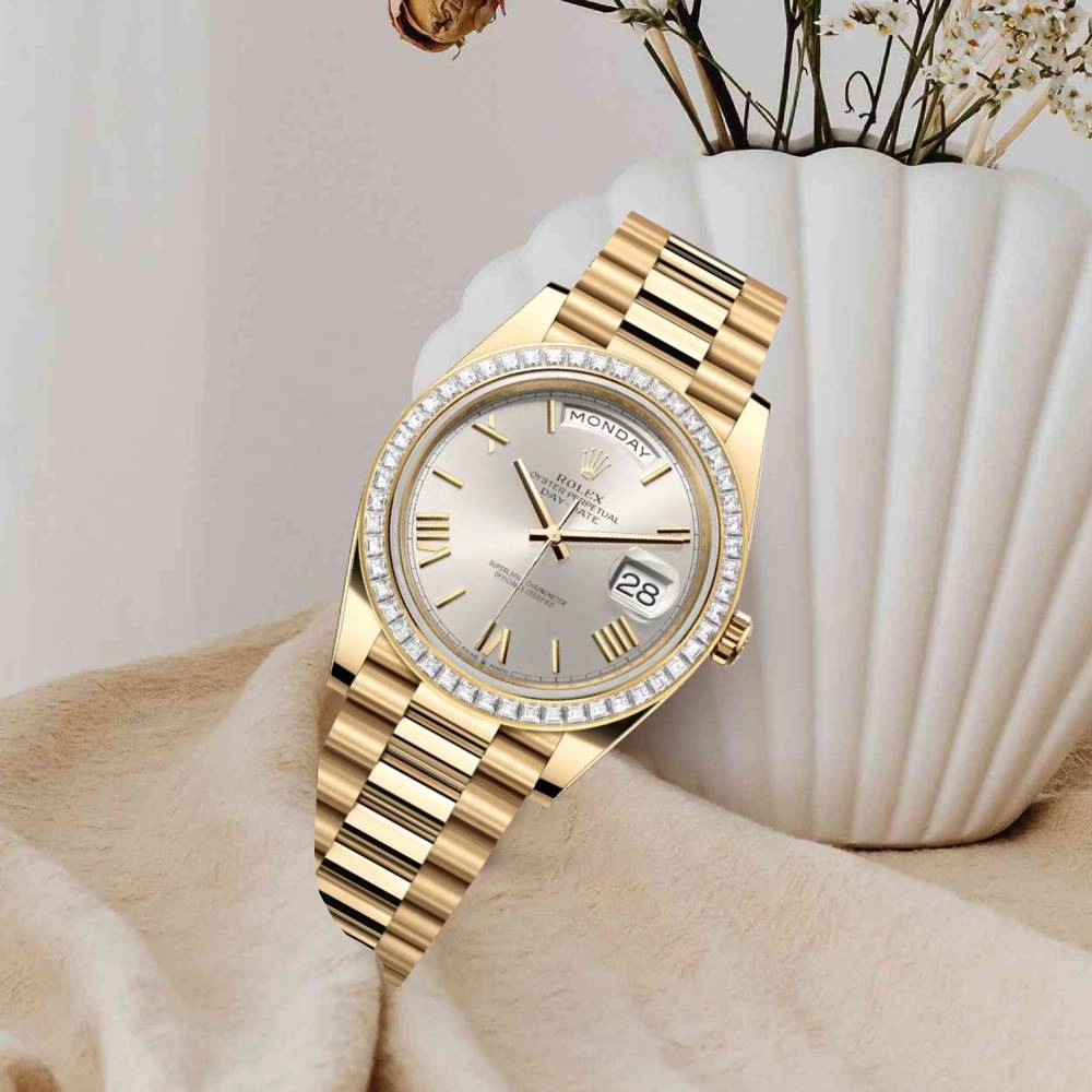 Rolex Day Date 40mm - Ref: 228398tbr-0006 - Silver Roman Dial & Diamond Bezel, 18K Yellow Gold President Bracelet Men's Watch