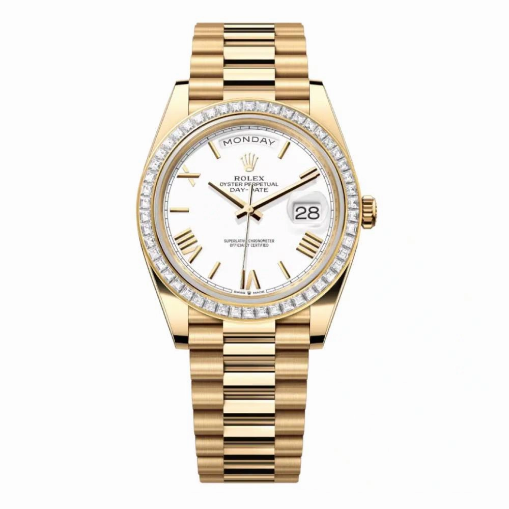 Rolex Day Date 40mm - Ref: 228398tbr-0033 - White Roman Dial & Diamond Bezel, 18K Yellow Gold President Bracelet Men's Watch