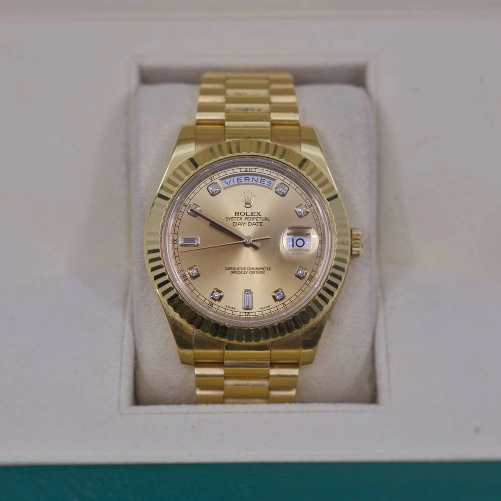 Rolex Day Date 41mm - Ref: 218238 - Champagne Diamond Dial & Fluted Bezel, 18K Yellow Gold President Bracelet Men's Watch