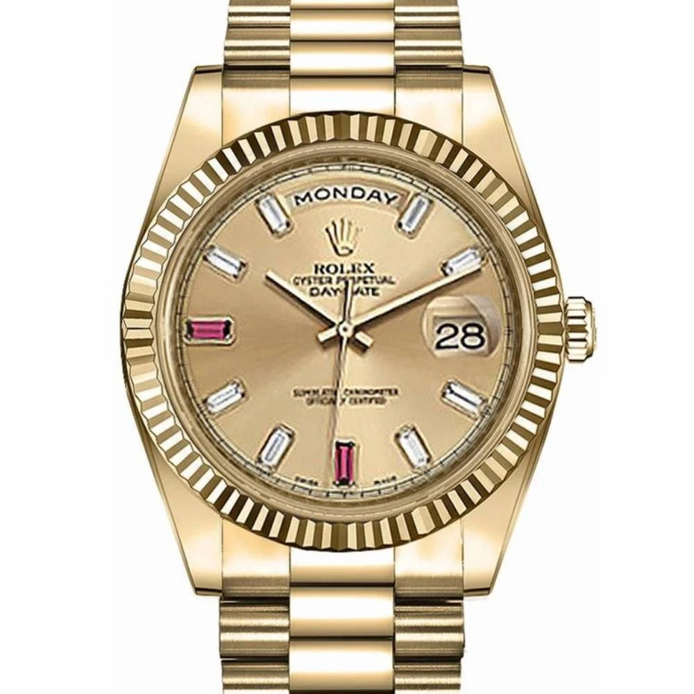 Rolex Day Date II 41mm - Ref: 218238 - Champagne Roman Dial & Fluted Bezel, Diamond / Ruby Dial & Fluted Bezel, 18K Yellow Gold President Bracelet Men's Watch