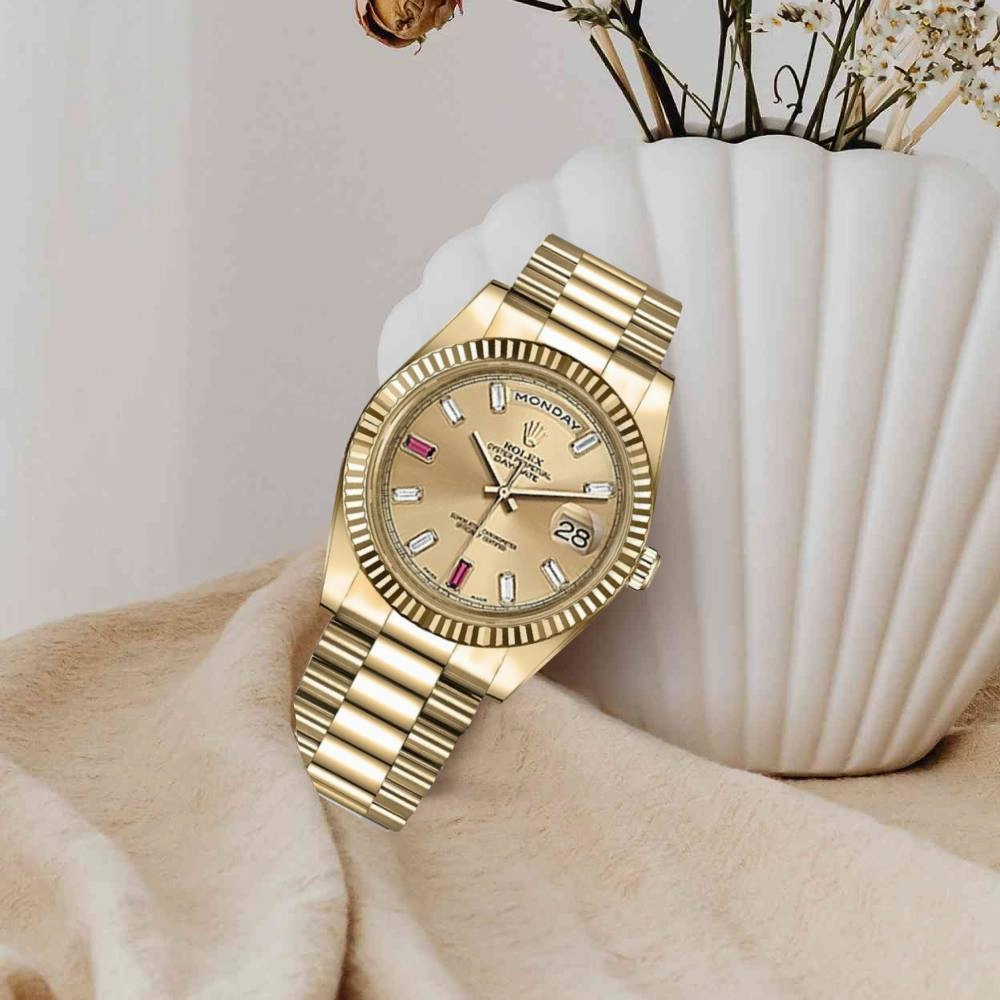 Rolex Day Date II 41mm - Ref: 218238 - Champagne Roman Dial & Fluted Bezel, Diamond / Ruby Dial & Fluted Bezel, 18K Yellow Gold President Bracelet Men's Watch