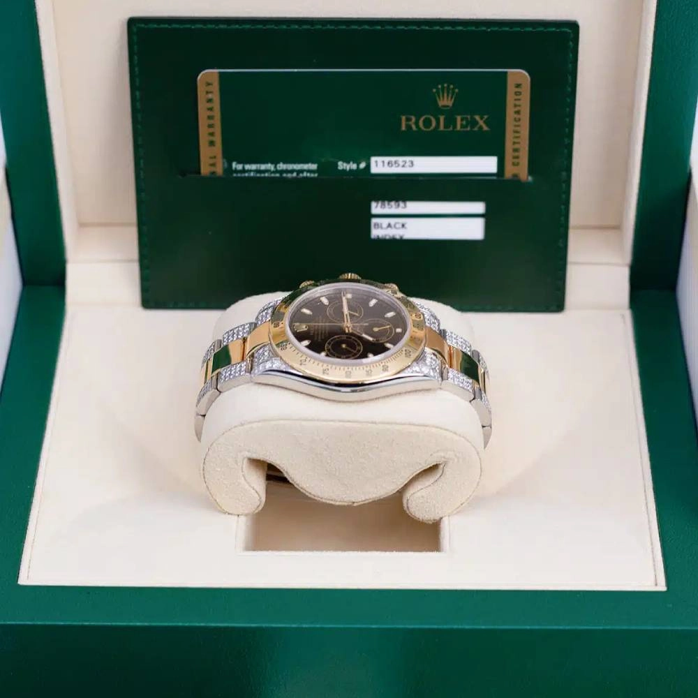 Rolex Daytona 40mm - Ref: 116523 - Black Dial, Aftermarket Iced Out Two Tone Stainless Steel & 18K Rose Gold Bracelet Watch
