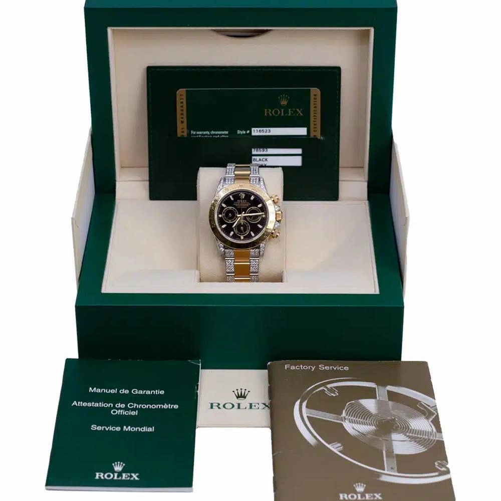 Rolex Daytona 40mm - Ref: 116523 - Black Dial, Aftermarket Iced Out Two Tone Stainless Steel & 18K Rose Gold Bracelet Watch