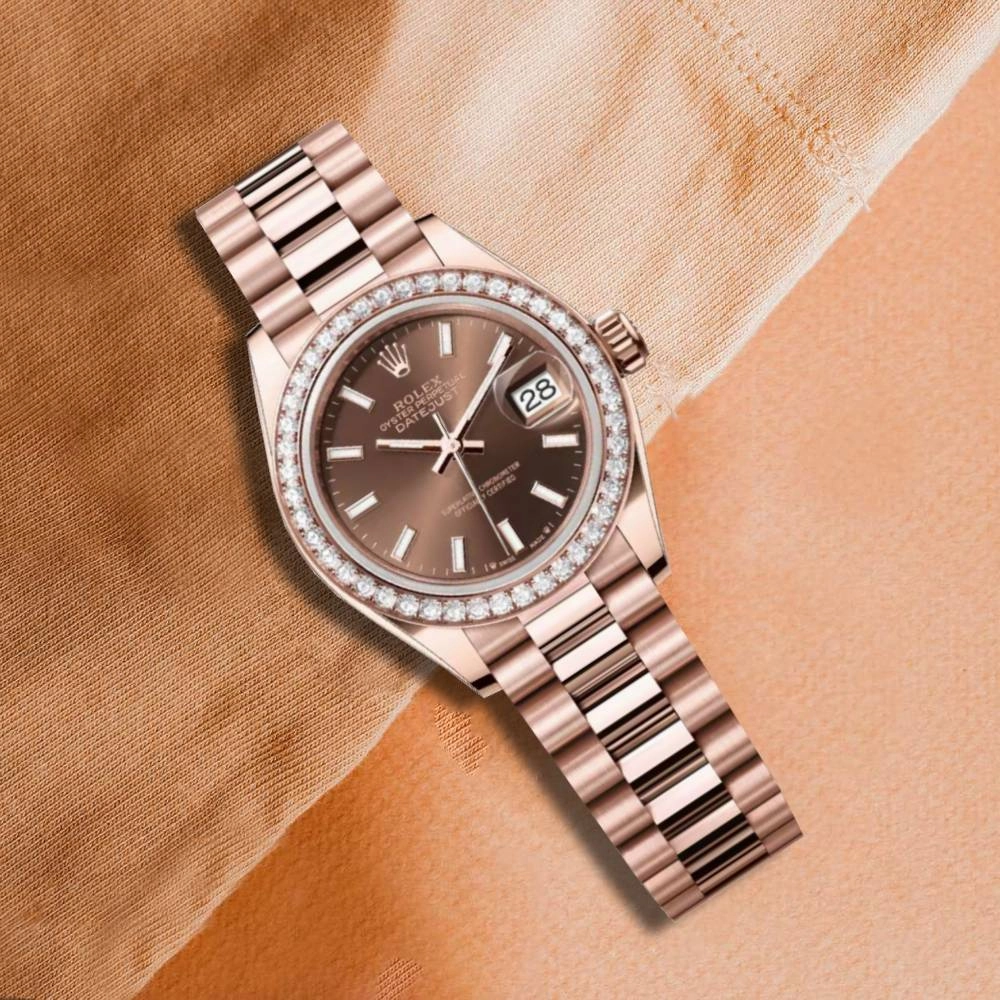 Rolex Lady Datejust 28mm - Ref: 279135rbr-0005 - Chocolate Dial & Diamond Bezel, 18K Rose Gold President Bracelet Women's Watch