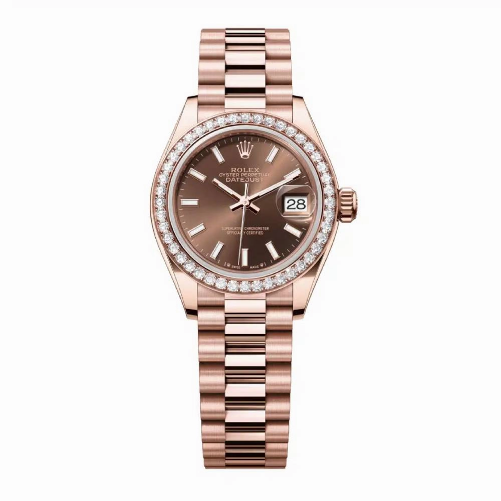 Rolex Lady Datejust 28mm - Ref: 279135rbr-0005 - Chocolate Dial & Diamond Bezel, 18K Rose Gold President Bracelet Women's Watch