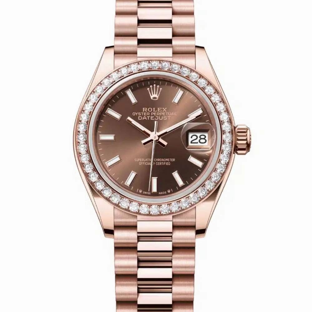 Rolex Lady Datejust 28mm - Ref: 279135rbr-0005 - Chocolate Dial & Diamond Bezel, 18K Rose Gold President Bracelet Women's Watch
