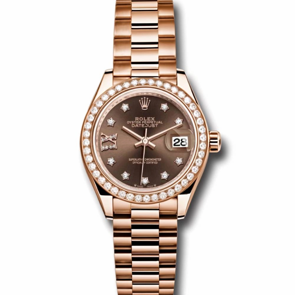 Rolex Lady-Datejust 28mm - Ref: 279135RBR cho9dix8dp - Chocolate Diamond Dial & Diamond Bezel, 18K Rose Gold Presidential Bracelet Women's Watch